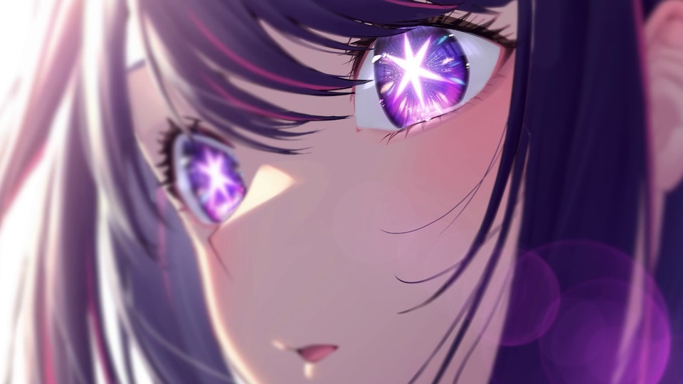 二次元动漫少女面部特写，紫底带星芒的明亮眼眸十分醒目。
