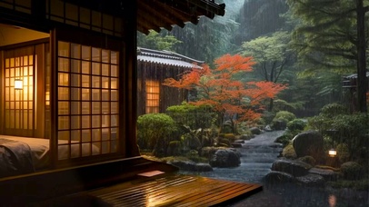 雨天古风庭院小屋