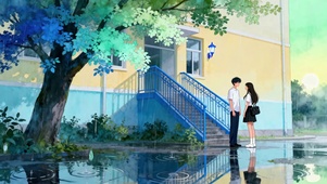 雨天校园角落青春男女的温柔瞬间