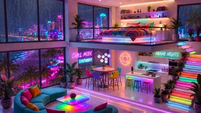 雨夜霓虹海景别墅
