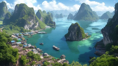 俯瞰清新绿色海港渔村