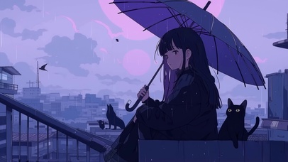 雨天女孩与黑猫