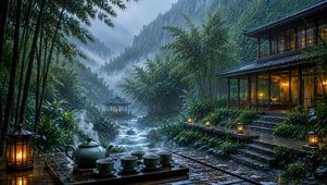 山水竹林木屋