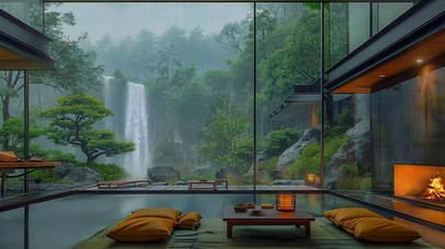 绿色山间别墅瀑布