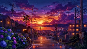 雨夜夕阳铁道口