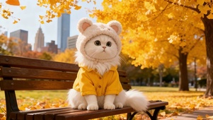 秋日落叶长椅上小猫