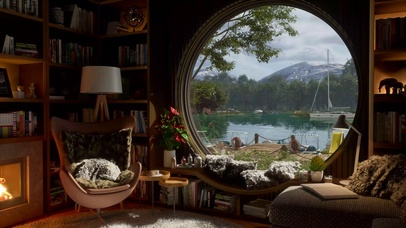 舒适的湖边图书馆风景