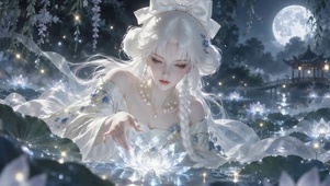 月夜荷塘古风白发美少女