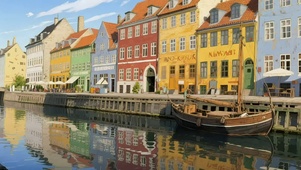 清新彩色建筑河岸