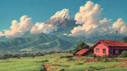 清新绿色草原乡村小屋