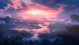 云端俯瞰朝霞湖泊