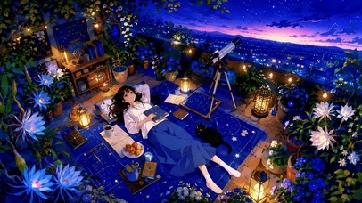 星空露台的少女与黑猫