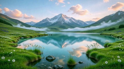 治愈雪山湖泊清晨风光