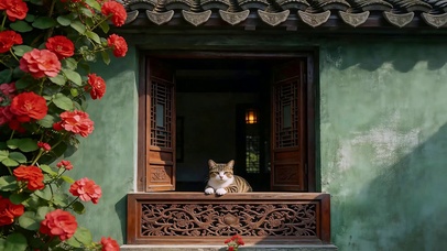 古窗探头小猫