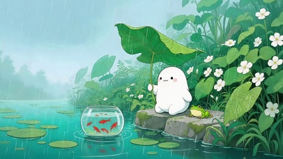 雨天池塘边的小白