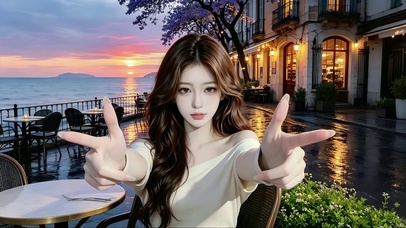 海边坐在餐椅比手势的可爱美女
