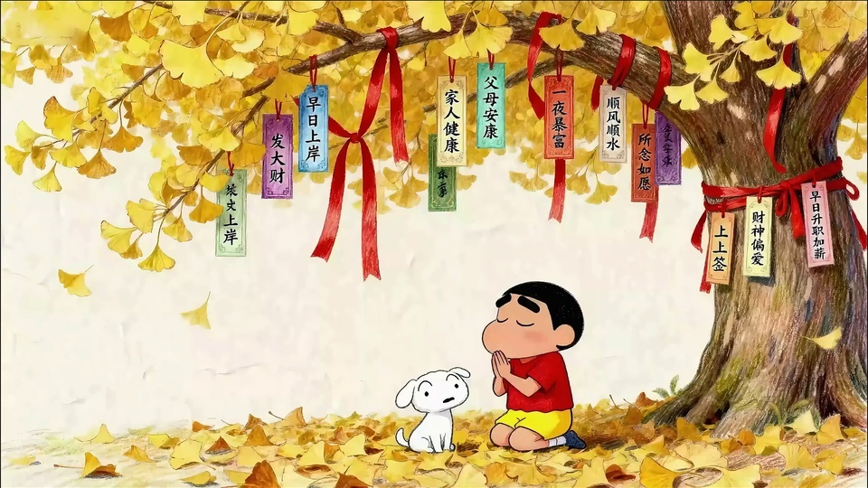 日系治愈风秋日银杏林插画，满树金黄银杏叶，树下红衣男孩跪坐祈祷，旁侧蹲坐白色小狗，地面铺满金色落叶。