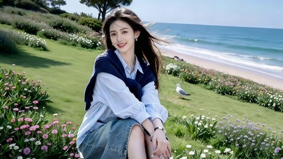 海边绿野花丛中的甜美笑容美女