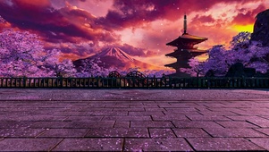 夕阳樱花富士山