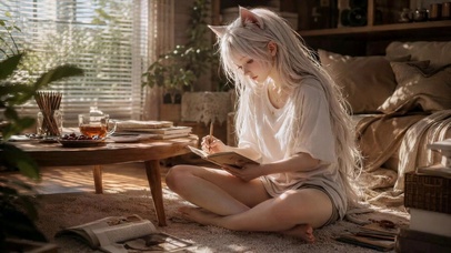 治愈午后猫耳白发美少女