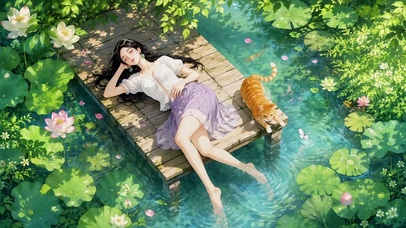 夏日荷塘闲憩美少女