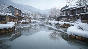 积雪河岸古镇