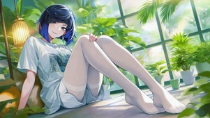 清新窗边蓝发美少女夜兰