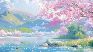 樱花树木河流景色宽屏