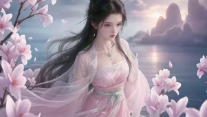 湖畔鲜花林中仙气古风美女