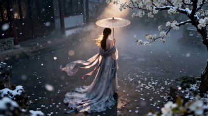 梨花飘落女孩背影