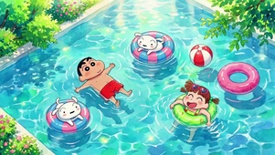 夏天泳池里的小新和妮妮