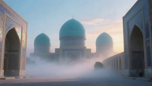 日出晨雾异域建筑