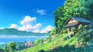 护眼白云树木河流