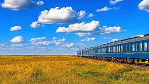 蓝天白云火车树木桌面主题