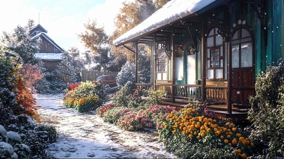 冬天静谧鲜花木屋