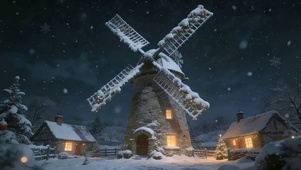 圣诞雪天村庄风车
