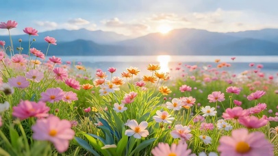 暖阳湖畔鲜花盛开