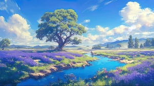 蓝天阳光薰衣草河畔