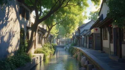 夏日绿色水乡河岸建筑