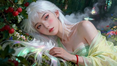 花丛流光白发少女