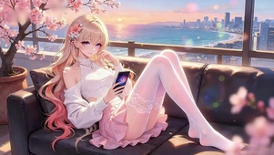夕阳海景刷手机少女（限免）