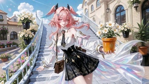 粉发二次元美少女街角赏花