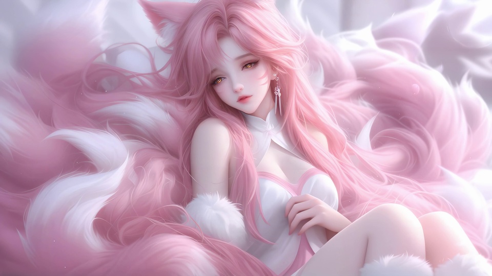 粉狐耳少女裹在蓬松软绒的粉白狐尾中，柔粉色调氛围感十足