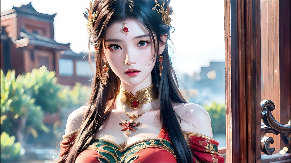 古风红衣露肩女子近景，佩戴金饰红宝额饰，背景虚化古建绿植