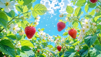 护眼仰望草莓田与蓝天