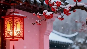 雪梅灯笼雪景带鱼屏双屏