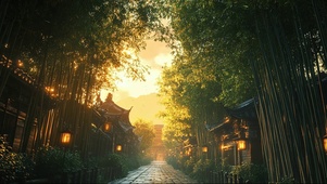 黄昏下的竹叶古城