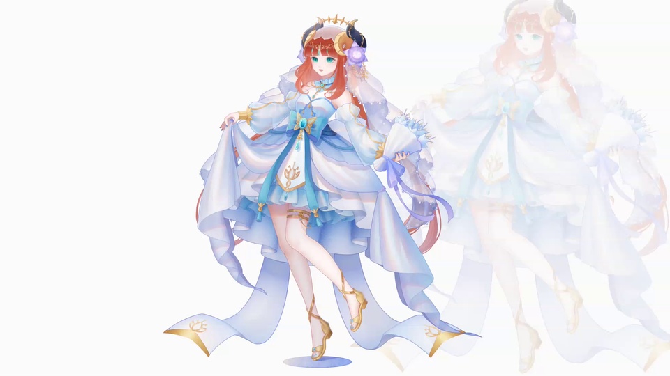 纯白背景前，身着蓝白婚纱礼服的妮露右手提裙摆，左手持白色花束，右侧有半透明同形象虚像。