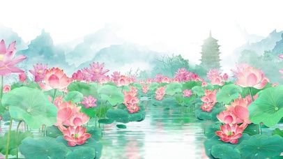古风水墨荷花莲花河流护眼
