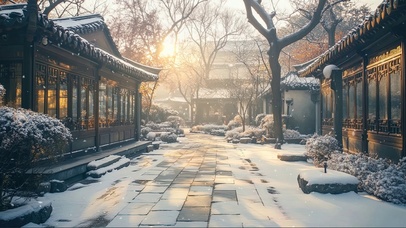 园林庭院古建冬日飘雪